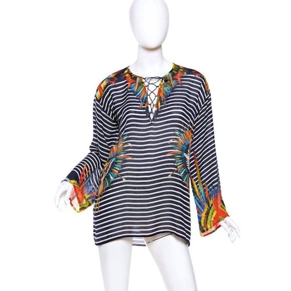 Vintage JEAN PAUL GAULTIER SOLEIL Striped Tunic w/Parrot Feather Printed Accents - Picture 1 of 6